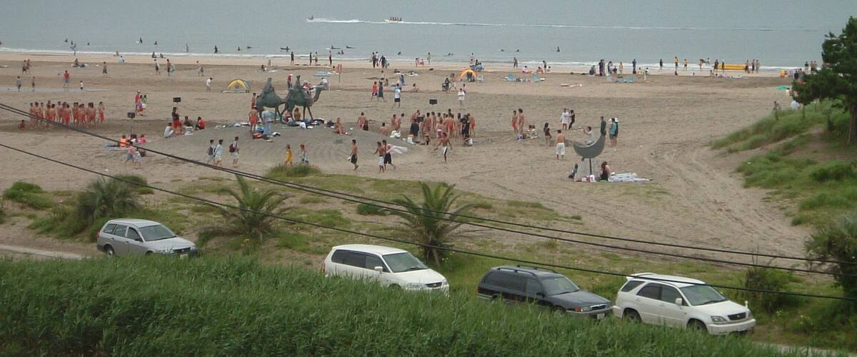Onjuku Beach. The Camel and moon statues are visible.