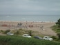 A crowded beach with people, cars, and a few palm trees.