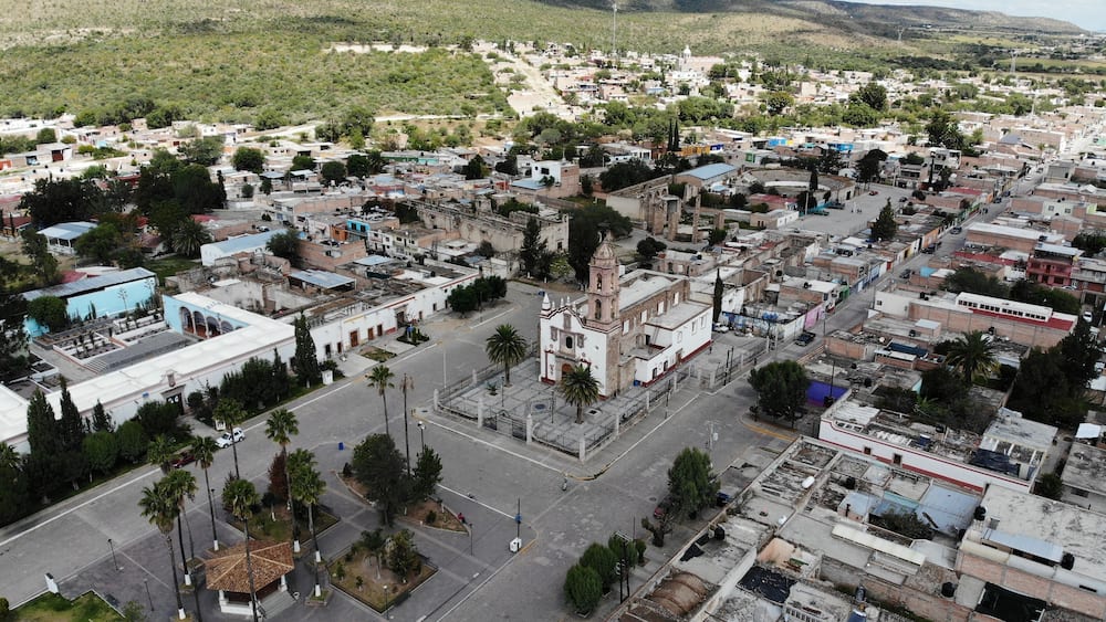 aerial view of a Mexican church in a small town of Aguascalientes, Mexico, in a modest interpretation of Baroque art