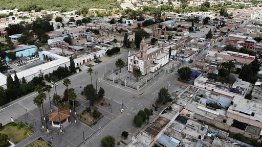 aerial view of a Mexican church in a small town of Aguascalientes, Mexico, in a modest interpretation of Baroque art