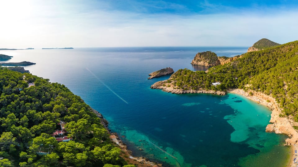 Aerial view of Cala Saladeta, Ibiza islands, Spain