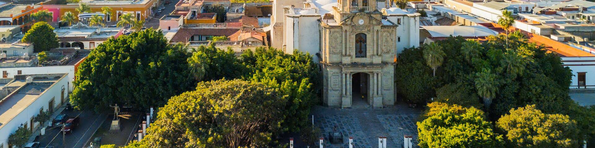 Church dominating Jala town in Nayarit, Mexico, with Ceboruco volcano in background