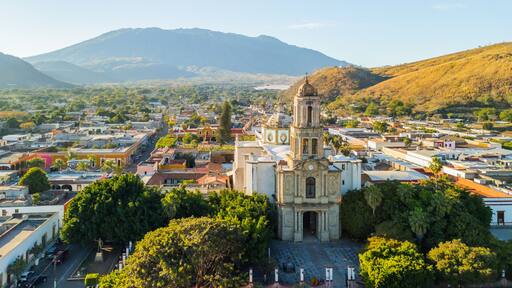 Church dominating Jala town in Nayarit, Mexico, with Ceboruco volcano in background