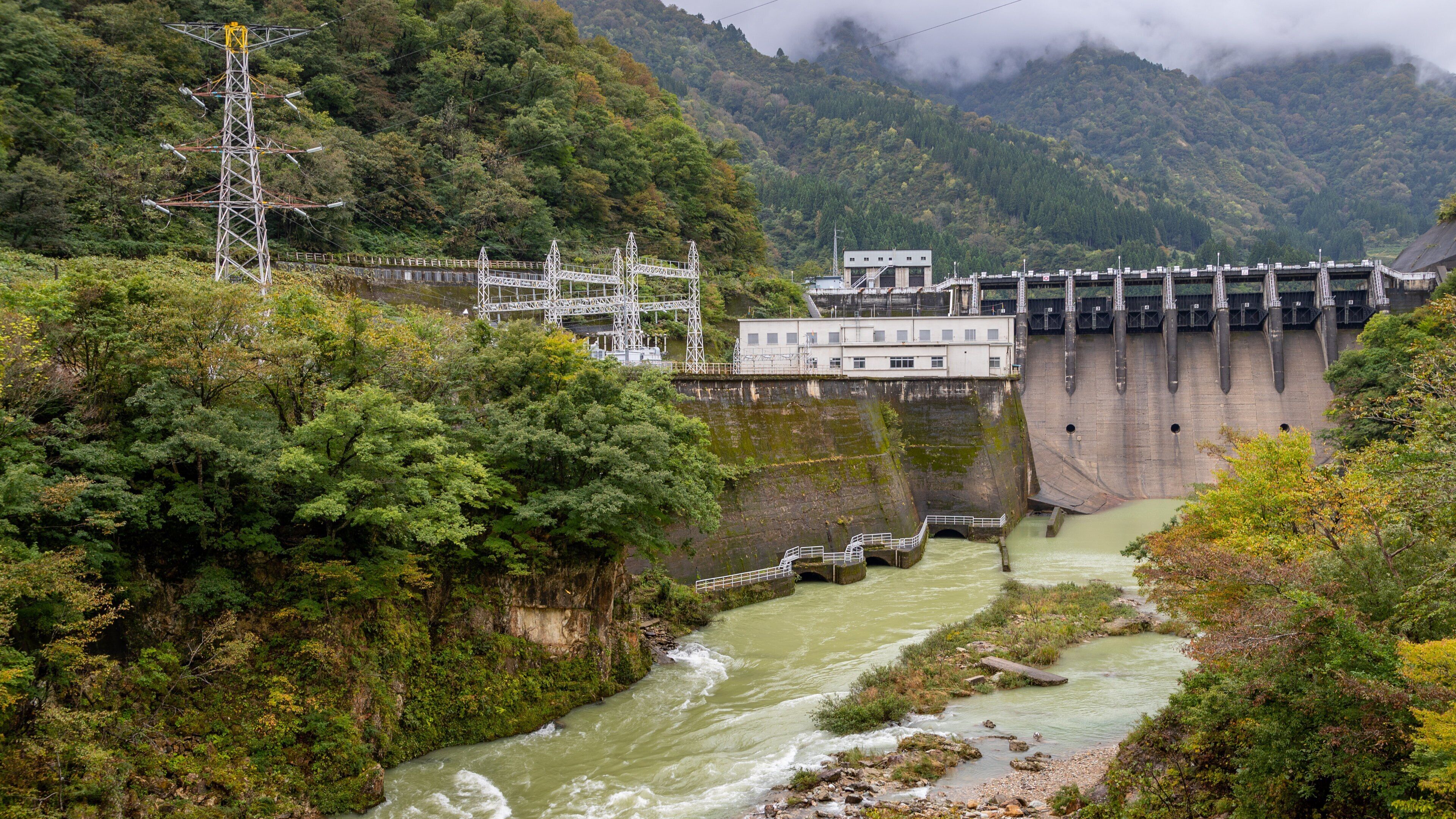 A hydroelectric dam with a river flowing through a forested valley.