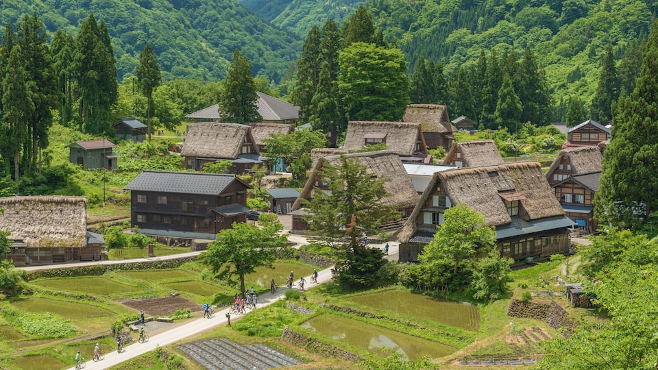 A village with traditional thatched-roof houses, terraced rice fields, and a mountainous backdrop.