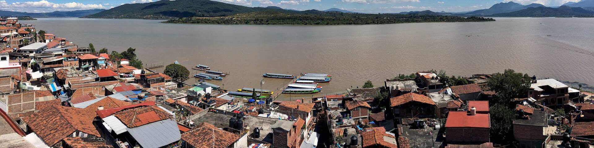 Panoramic view of the Island of Janitzio on Lake Patzcuaro, Michoacan, Mexico