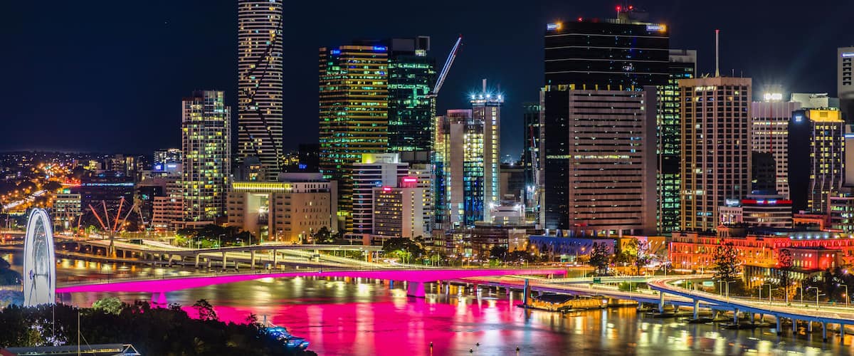 BRISBANE, AUSTRALIA - August 05 2017: Night time areal image of Brisbane CBD and South Bank.