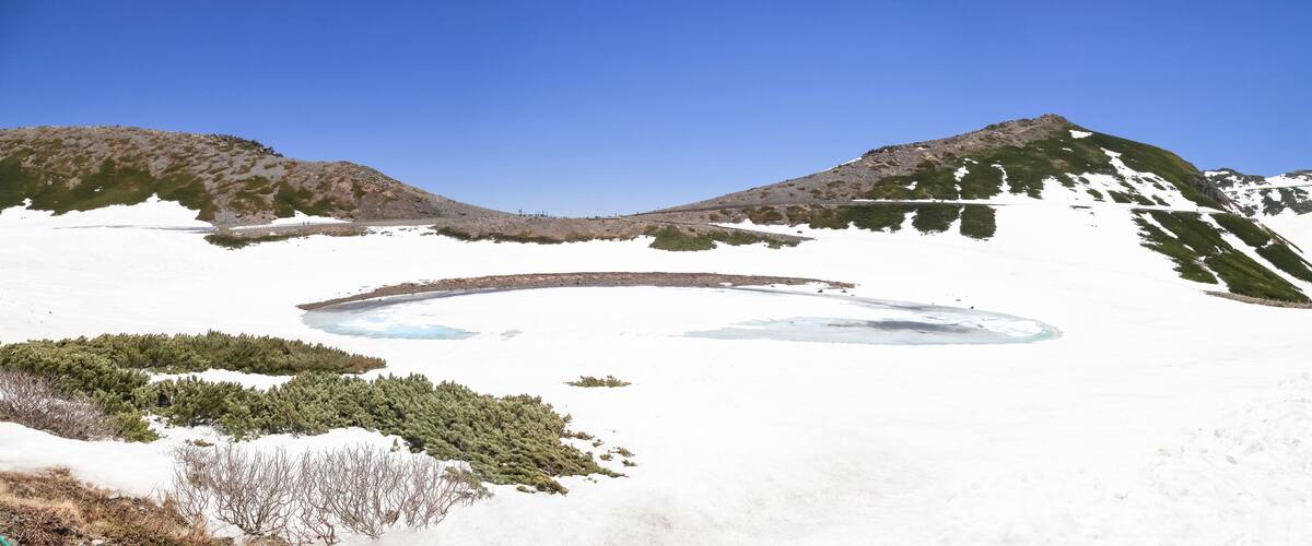 A snow-covered mountain landscape with a frozen lake and patches of greenery.