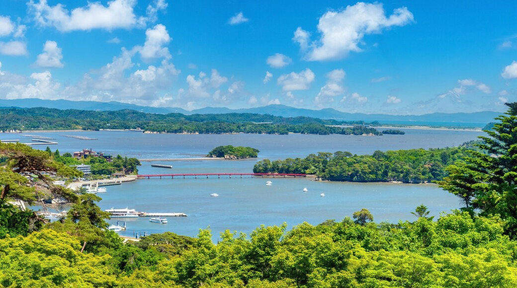 View of the Matsushima Bay and its famous red bridge, Sendai, Japan
