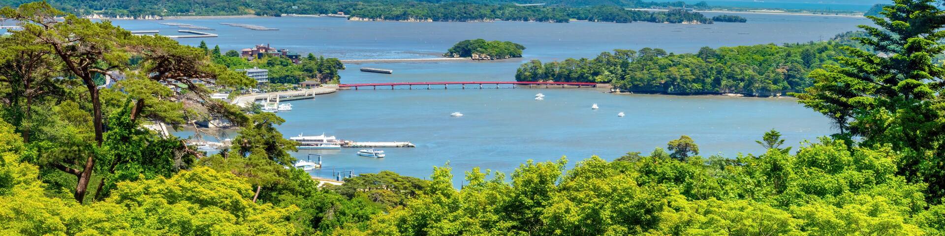 View of the Matsushima Bay and its famous red bridge, Sendai, Japan