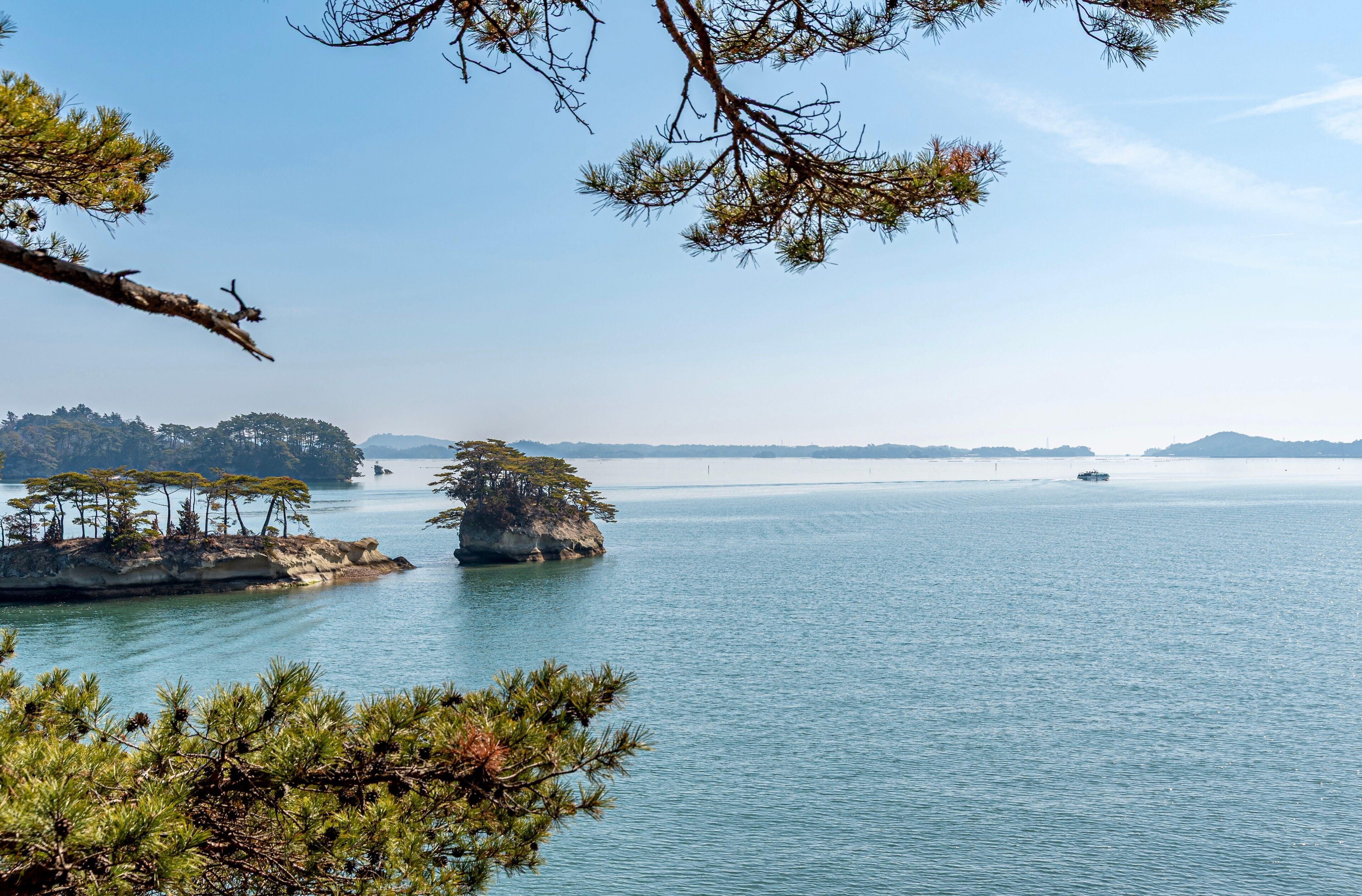 View of islands and clear blue sky in Matsushima Bay, Japan