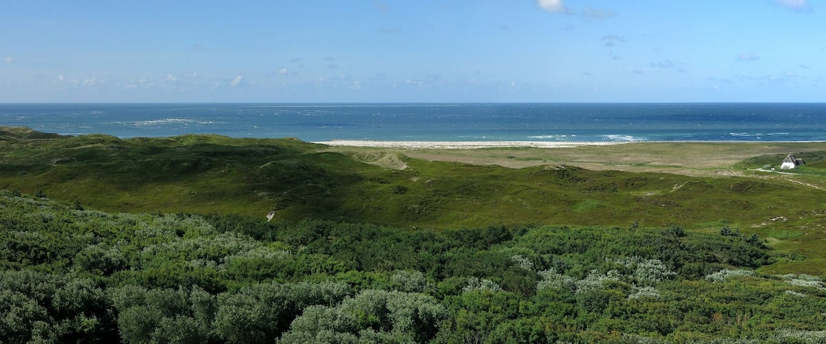 Eine Küstenlandschaft mit Sandstrand, einer grasbewachsenen Hügelkuppe und dem Ozean.