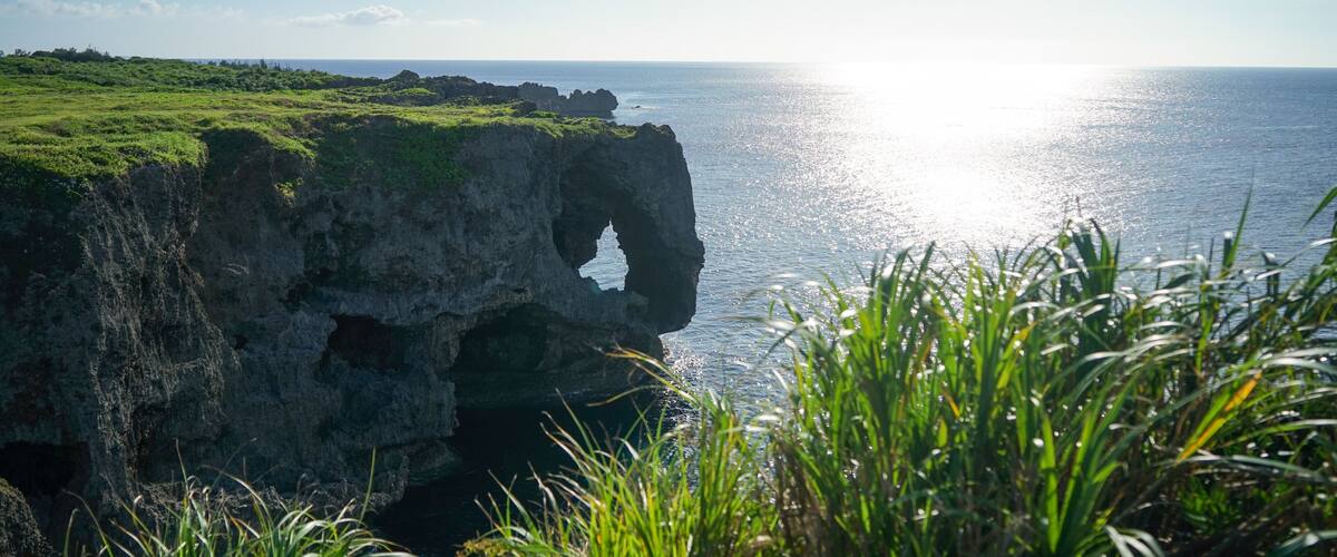 A coastal landscape with a prominent rock formation featuring a natural arch, lush green vegetation, and a calm sea under a clear sky.