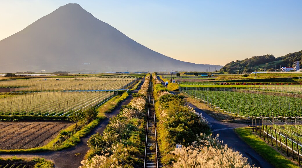 秋の開聞岳と指宿枕崎線 夕景 鹿児島県指宿市 Kaimondake and Ibusuki Makurazaki Line in autumn. Evening view. Kagoshima Pref, Ibusuki City.