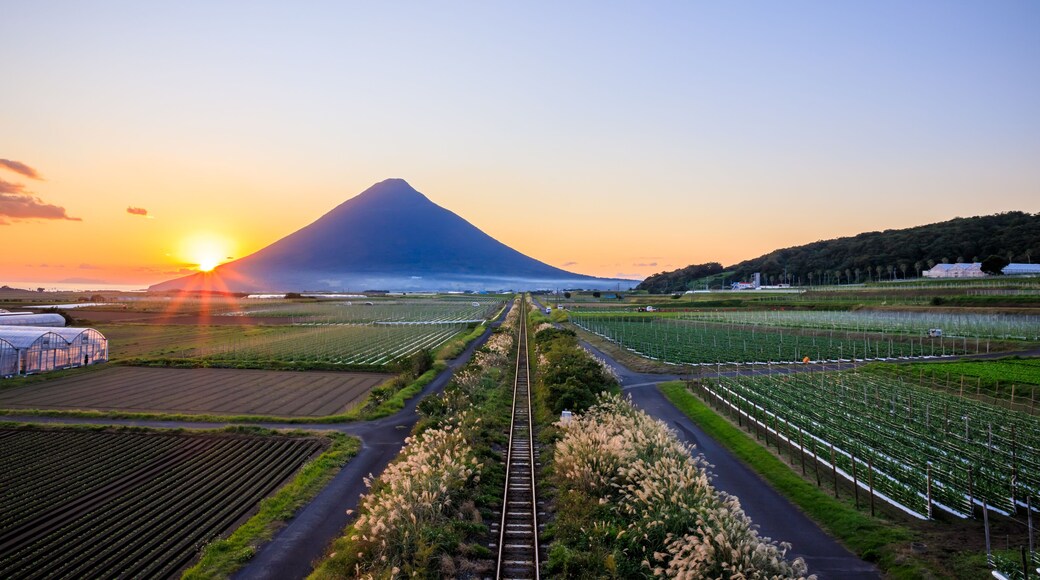 秋の開聞岳と指宿枕崎線と夕日 鹿児島県指宿市 Mt. Kaimondake, Ibusuki Makurazaki Line and sunset in autumn. Kagoshima Pref, Ibusuki City.