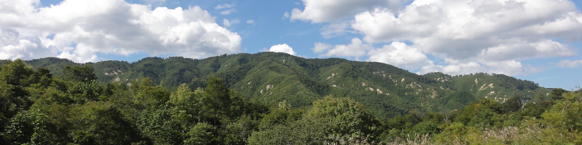 Una cordillera con densa vegetación forestal y nubes dispersas.