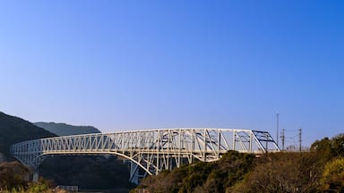 A steel bridge with a truss design spanning over a river, surrounded by hills and vegetation.