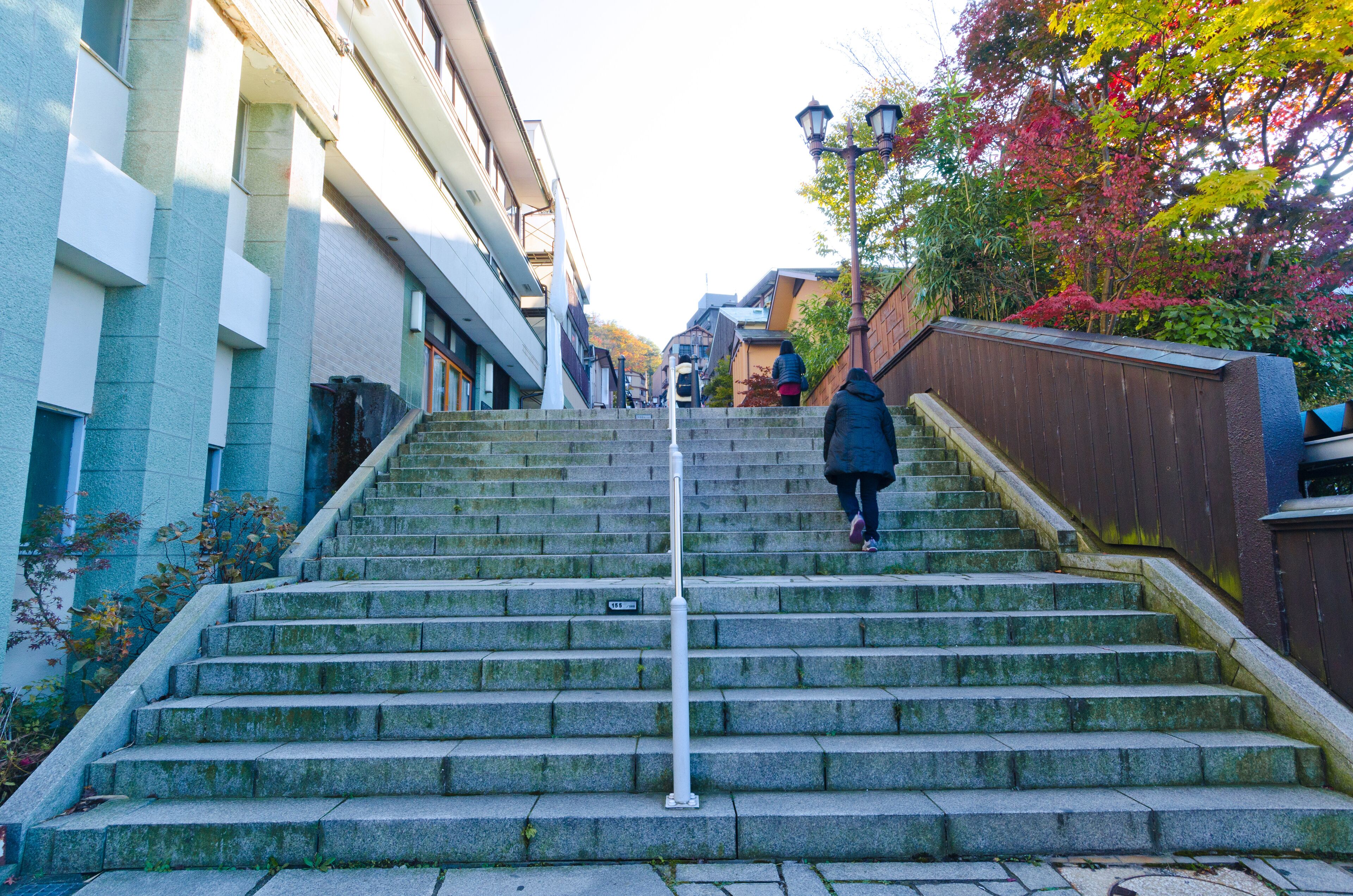 A set of stone steps leading up a hill, surrounded by buildings and trees with autumn foliage.