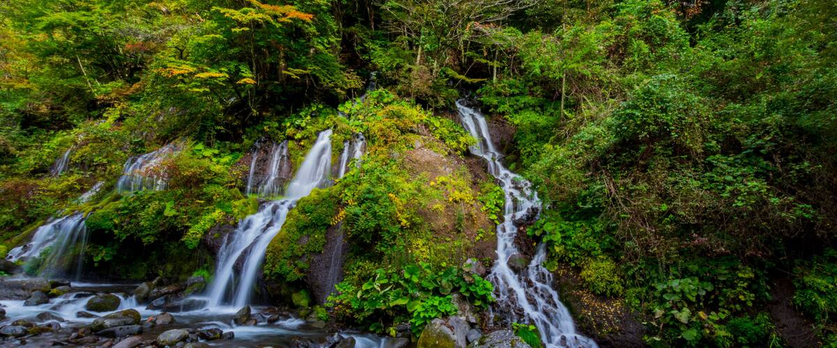 A multi-tiered waterfall surrounded by lush greenery.