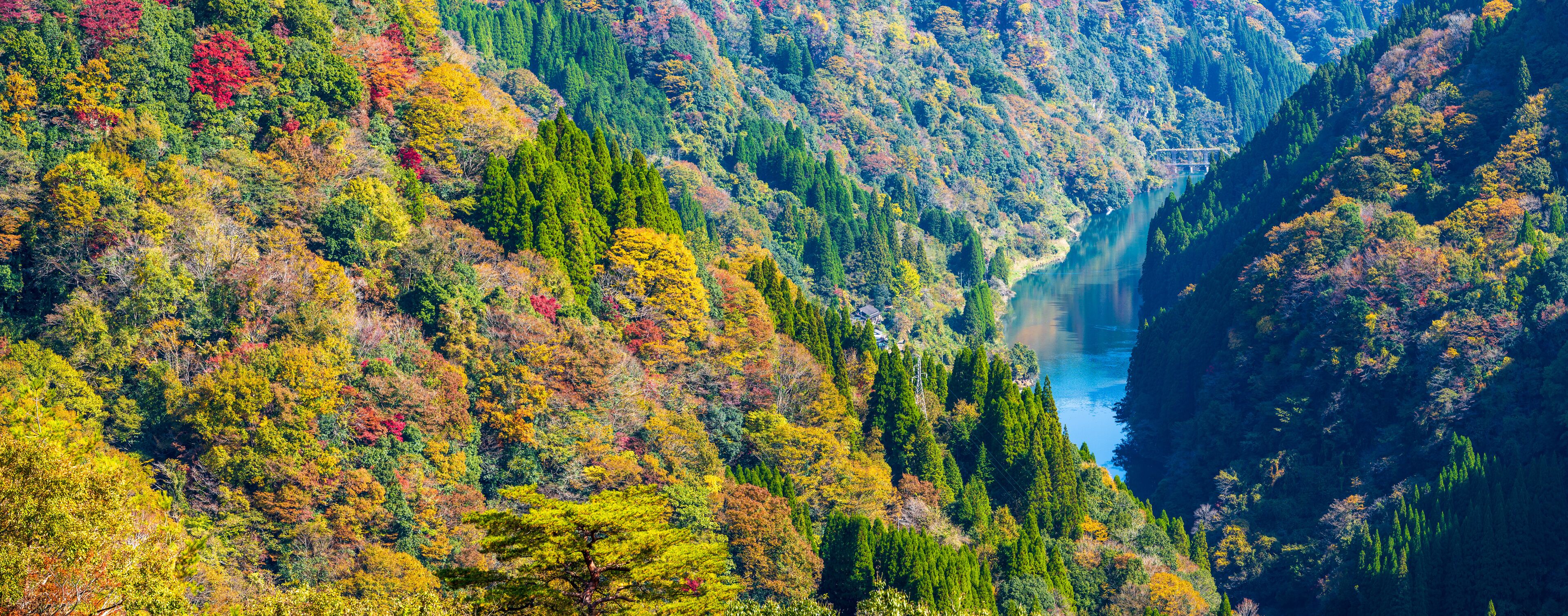 紅葉に映える山並みパノラマ風景(観光スポット：蘇陽峡)
Panoramic view of the mountains reflected in the autumn leaves (Sightseeing spot: Soyokyo Gorge)
日本(秋)2022年撮影
Japan (Autumn) Taken in 2022
九州・熊本県山都町長崎