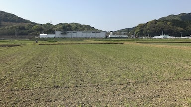 Paisagem rural com um edifício branco grande, campos e colinas ao fundo.