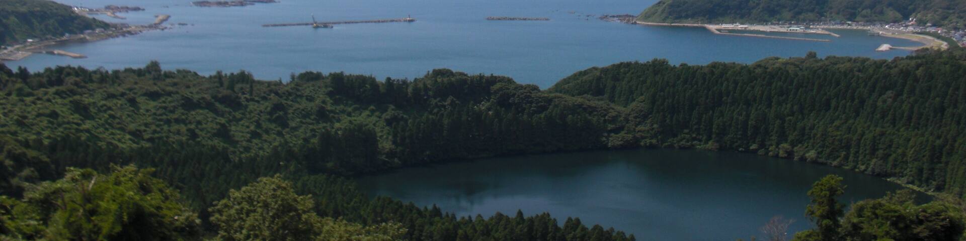 Ninomegata Maar and Toga port from Hachibodai at Oga, Akita, Japan.
