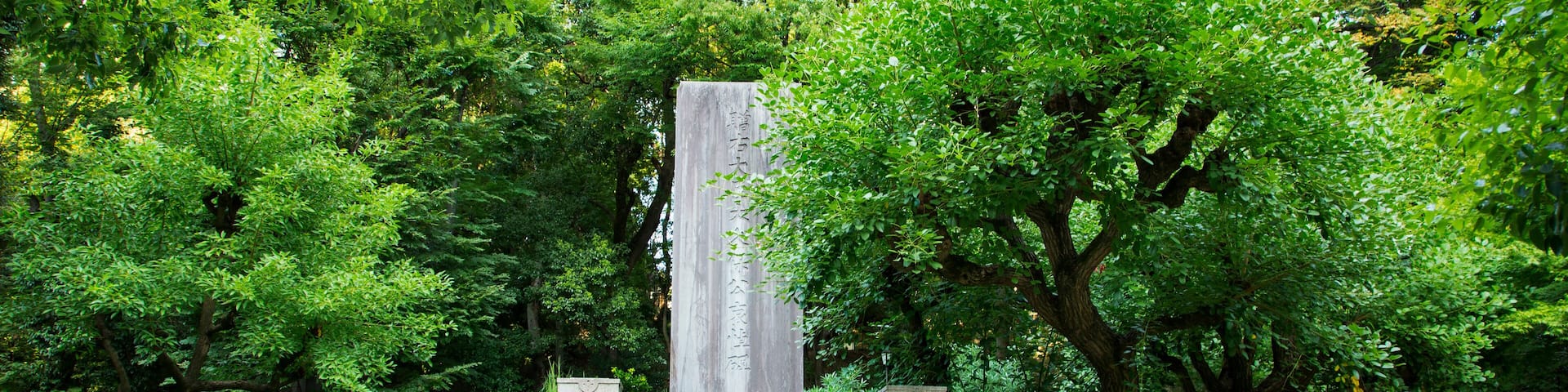 A stone monument surrounded by lush greenery and a stone fence.