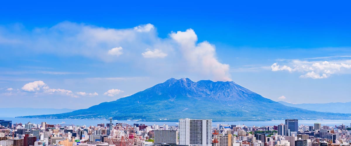 Landscape Kagoshima city in the background of Samurajima in Japan