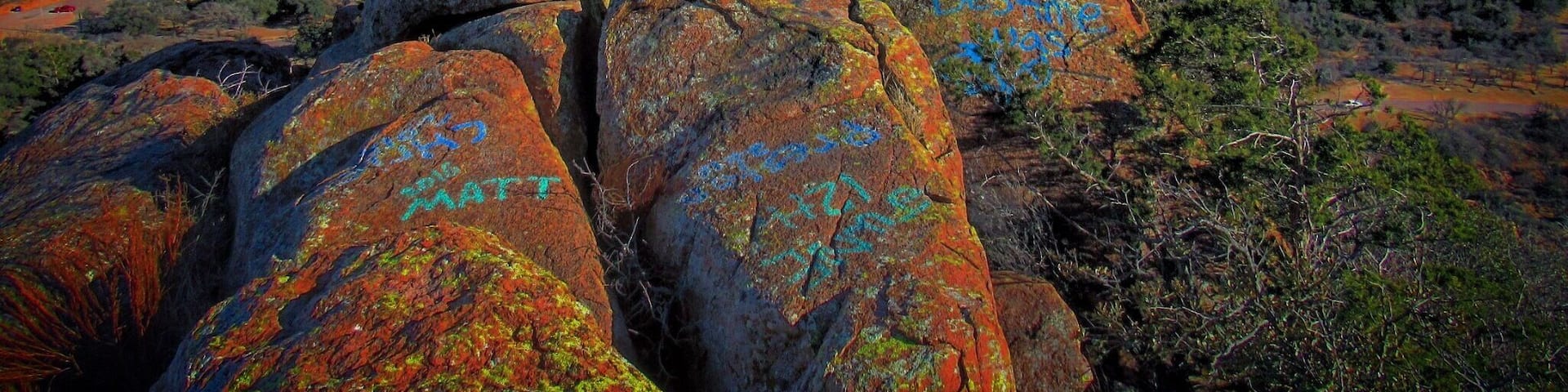 The summit of New Horizon Trail on Quartz Mountain. A lot of new graffiti.