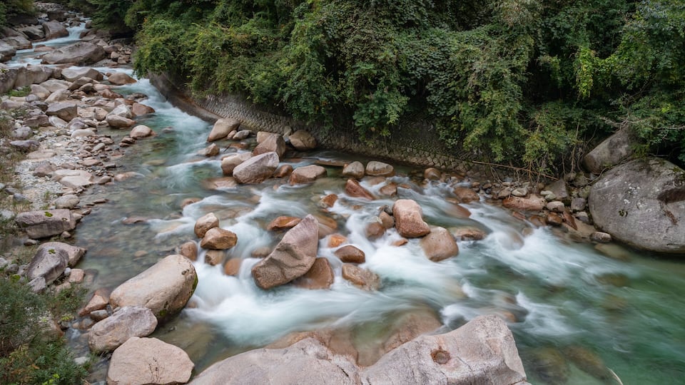 A river with clear water flowing over rocks, surrounded by lush greenery and a stone wall.