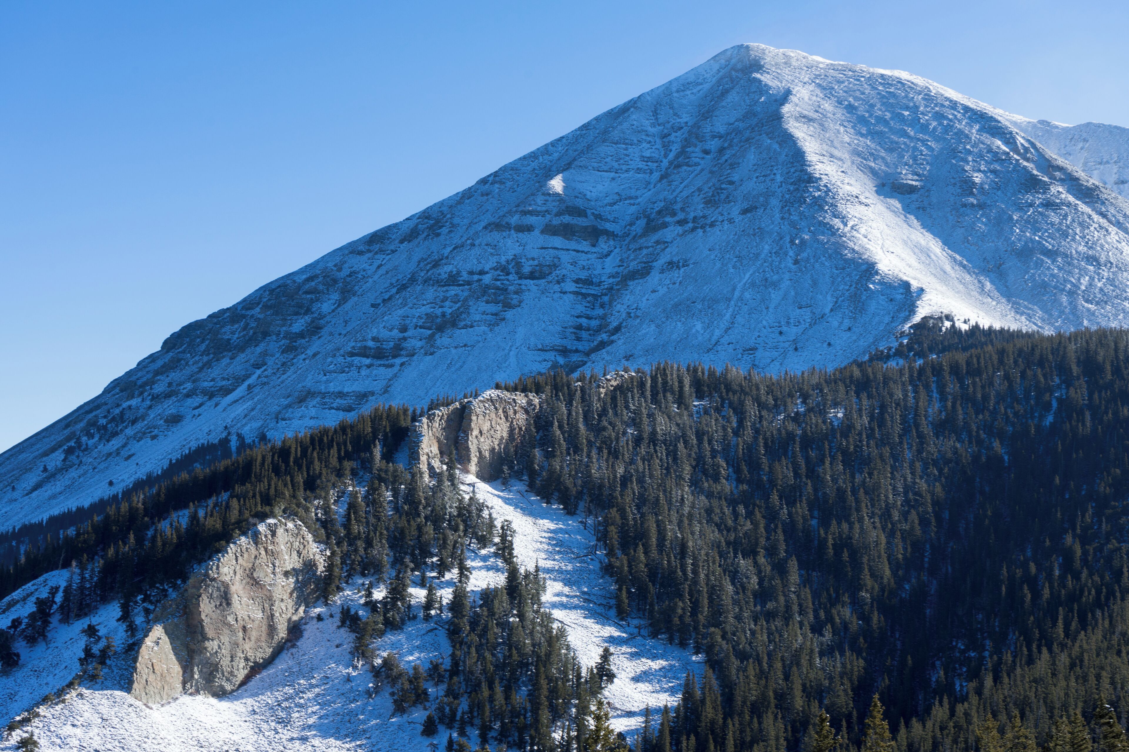 A snow-covered mountain with a rocky outcrop and dense forest at its base.