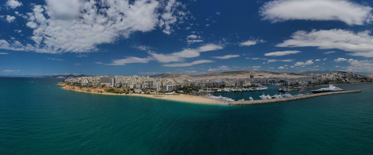 Aerial drone ultra wide photo of famous seascape of Marina Zeas, Piraeus, Attica, Greece