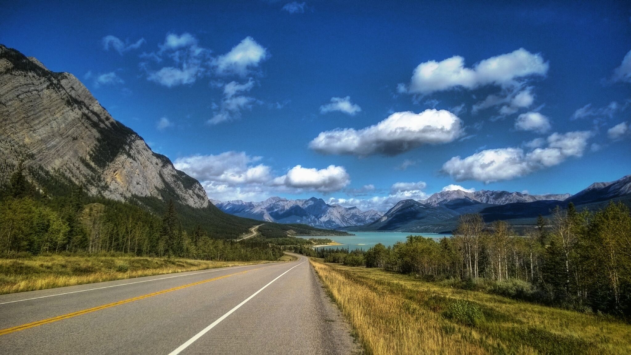 As we left the snowy, wet, cloudy mountains of the Columbia Icefields Parkway behind, and turned east towards the praiaires of Alberta, we were greeted with beautiful, warm sunshine! This shot was taken somewhere east of Saskachewan River Crossing along the David Thompson Highway (HWY 11). 
