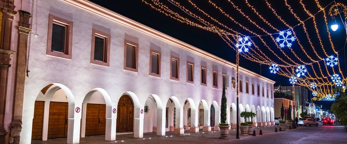 Downtown Aguascalientes, Mexico with Christmas decorations at night