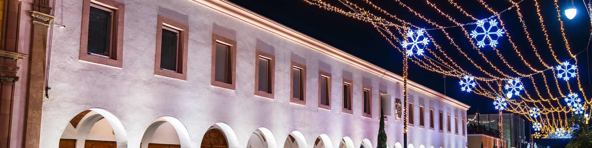 Downtown Aguascalientes, Mexico with Christmas decorations at night