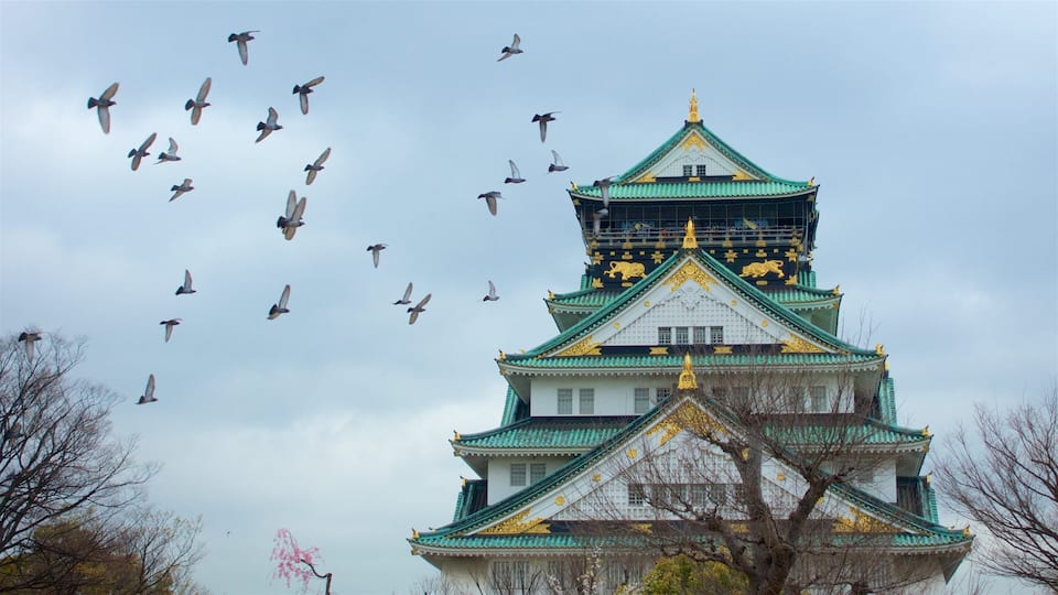 A traditional Japanese castle with multiple tiers and golden decorations, surrounded by trees and flying birds.