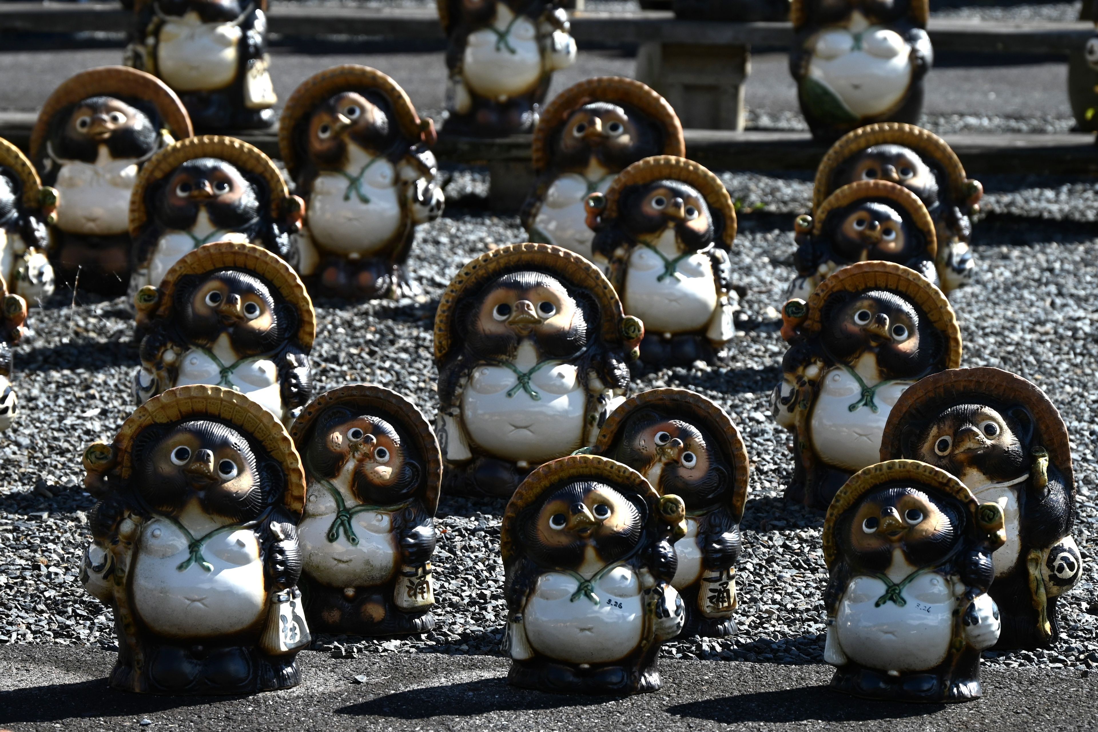 Japan tourism. Famous pottery. Famous pottery Shigaraki Ware. It is famous for its raccoon dog ( Tanuki ) ornaments. Koka city, Shiga prefecture, Japan.