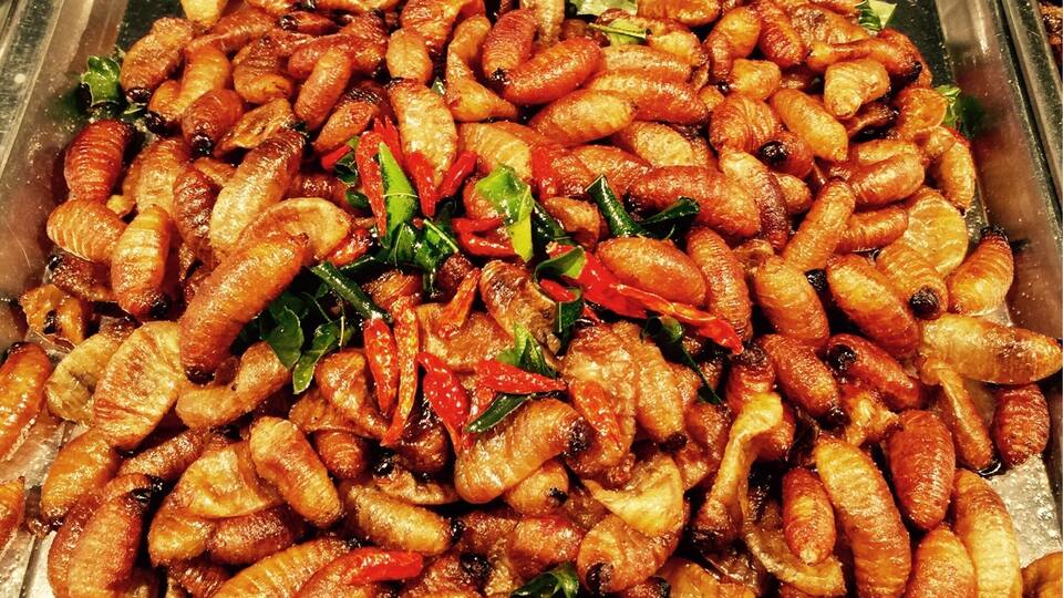 A tray of roasted insects garnished with red peppers and green herbs.
