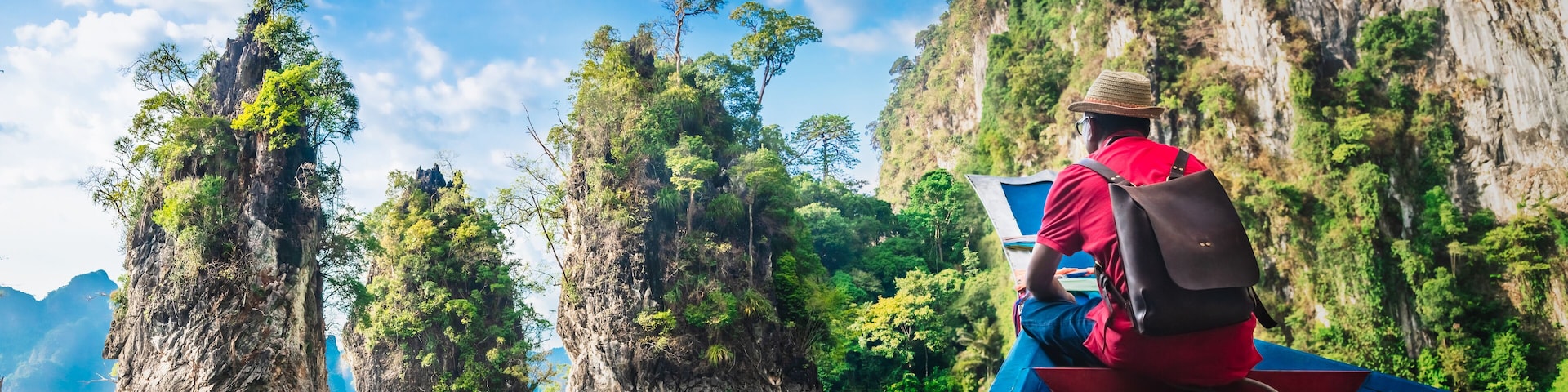 Panorama man traveler on boat joy nature rock mountain island scenic landscape Khao Sok National park, Famous travel adventure place Thailand, Tourism beautiful destinations Asia holiday vacation trip