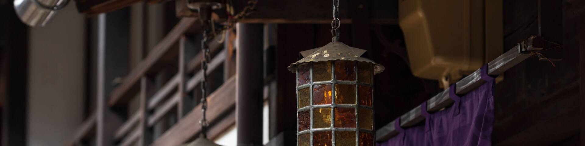 Old lamps on ceiling roof of wood house, Narai juku, Kiso valley