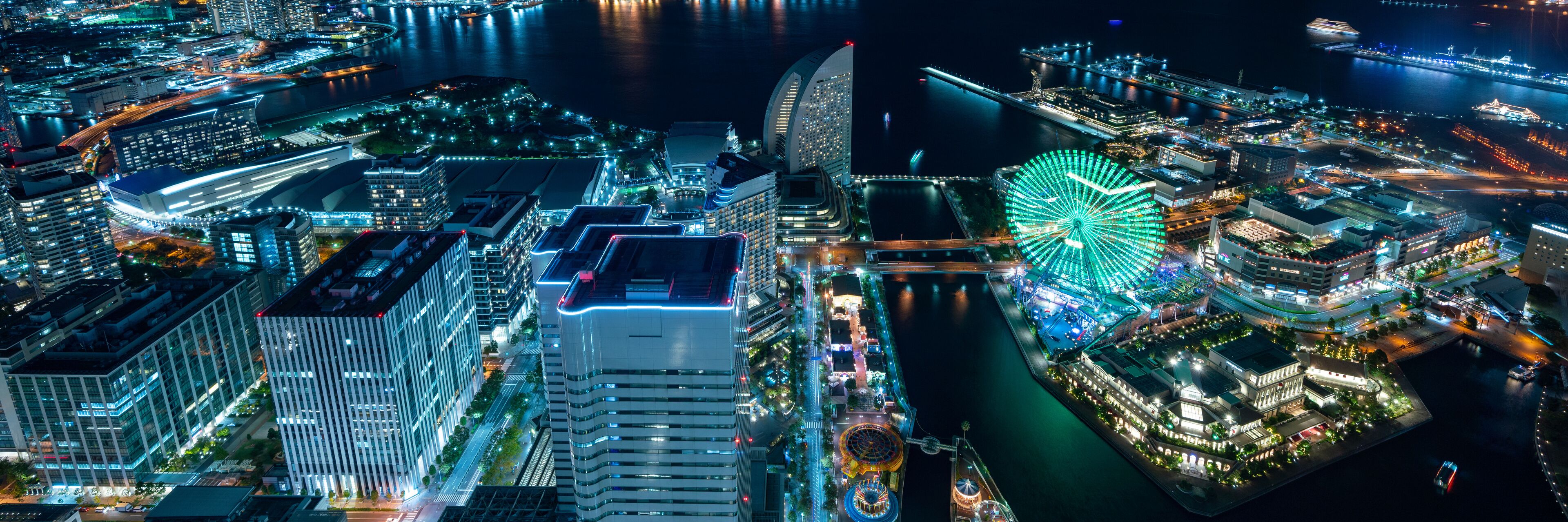 Yokohama Minato Mirai 21 seaside urban area in Japan at night.