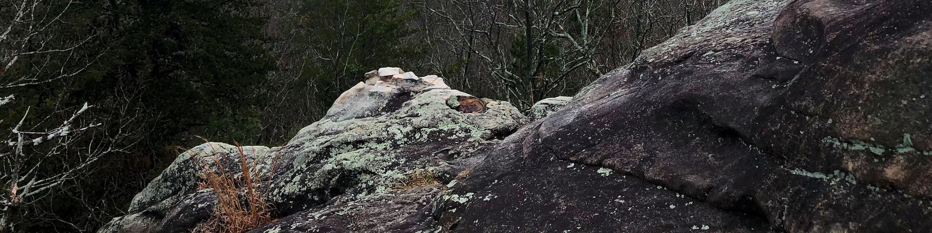 A mountainous landscape with a lake, forested areas, and rocky outcrops.