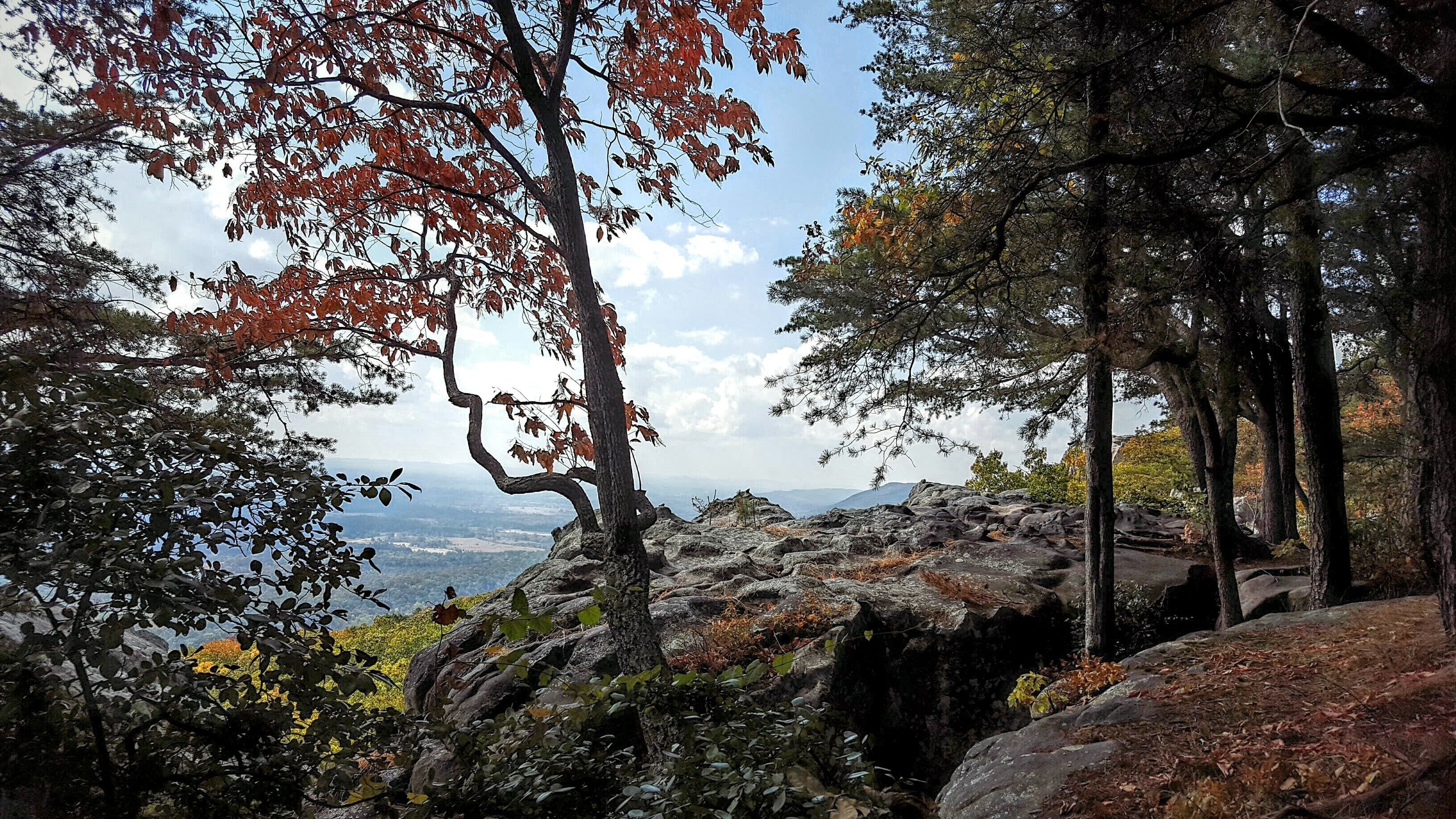 A rocky mountain landscape with autumn foliage and a distant view of the valley.