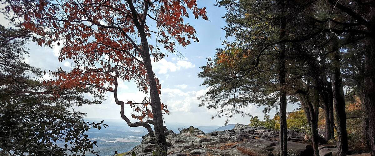 A rocky mountain landscape with autumn foliage and a distant view of the valley.