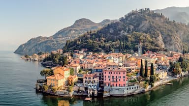 Aerial panoramic of Varenna on lake Como