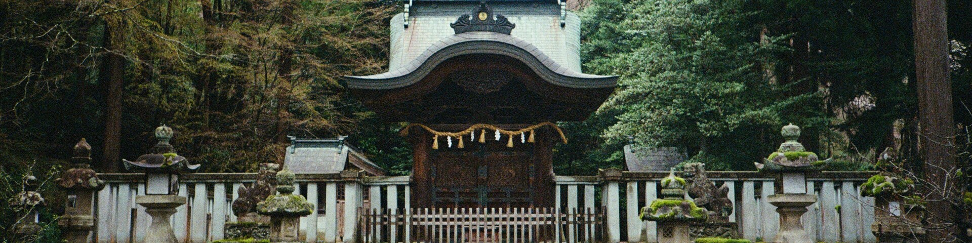A traditional Japanese temple with a wooden gate, stone lanterns, and a stone pathway leading to the entrance.