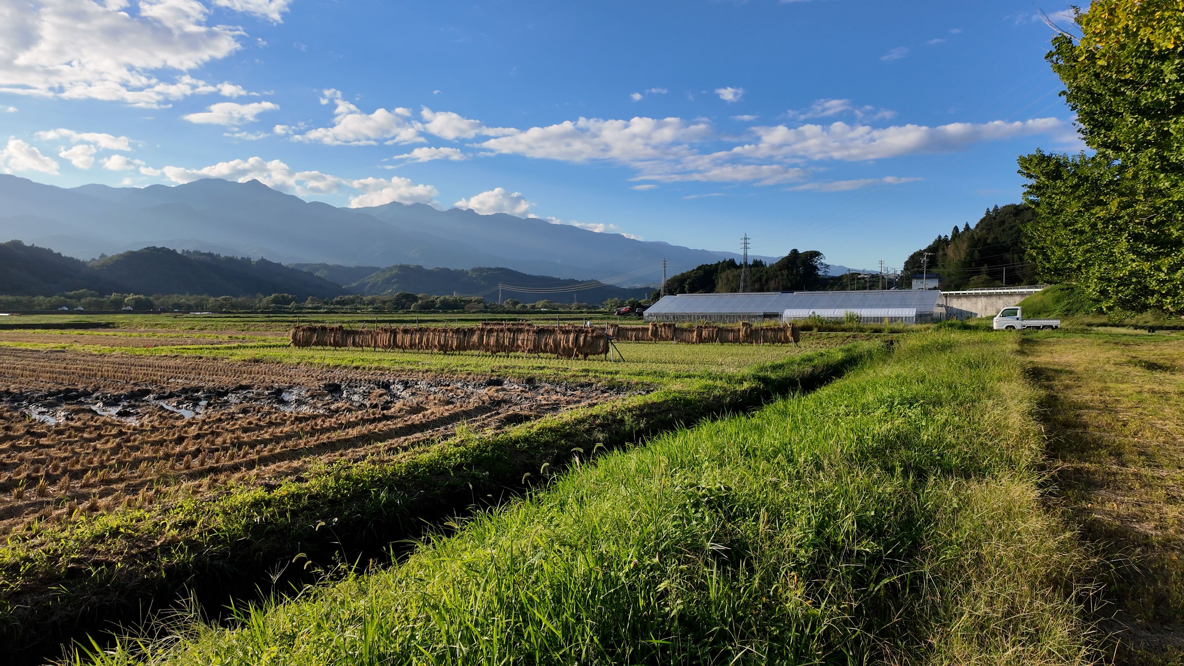 稲木と山々が広がる中川村渡場の田園風景 - 上伊那郡中川村, 長野県, 日本