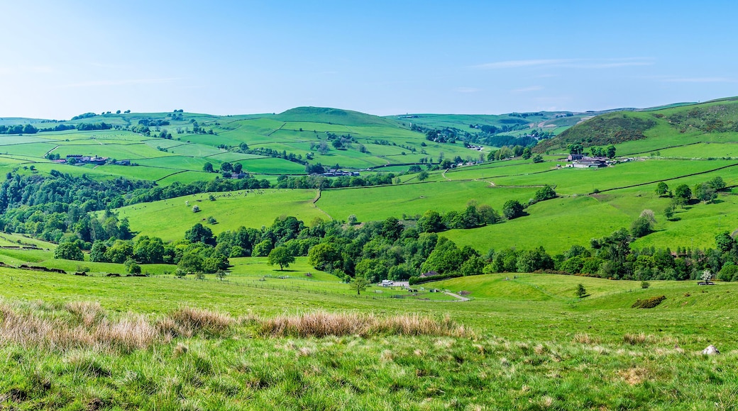 A panoramic view across the dales towards farmland from the path leading to Luds Church in Staffordshire in summertime