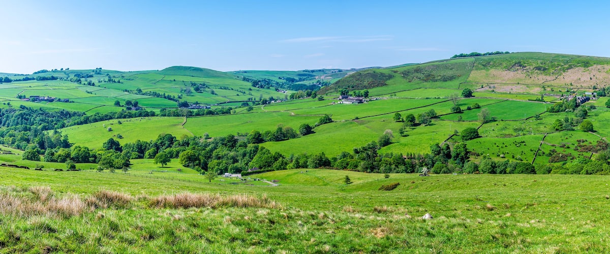 Rolling green hills, scattered trees, and a few buildings in a rural landscape.