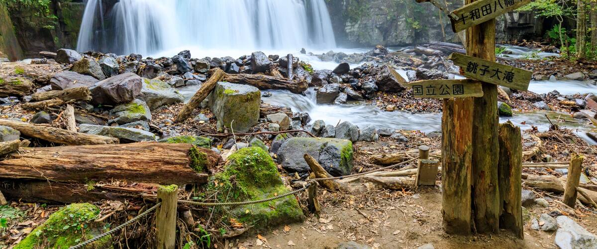 A waterfall surrounded by rocks and trees.